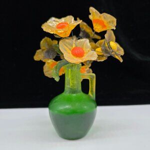 Vintage Lucite Vase Yellow & Orange Flower Accents Handmade 1969 UV Reactive